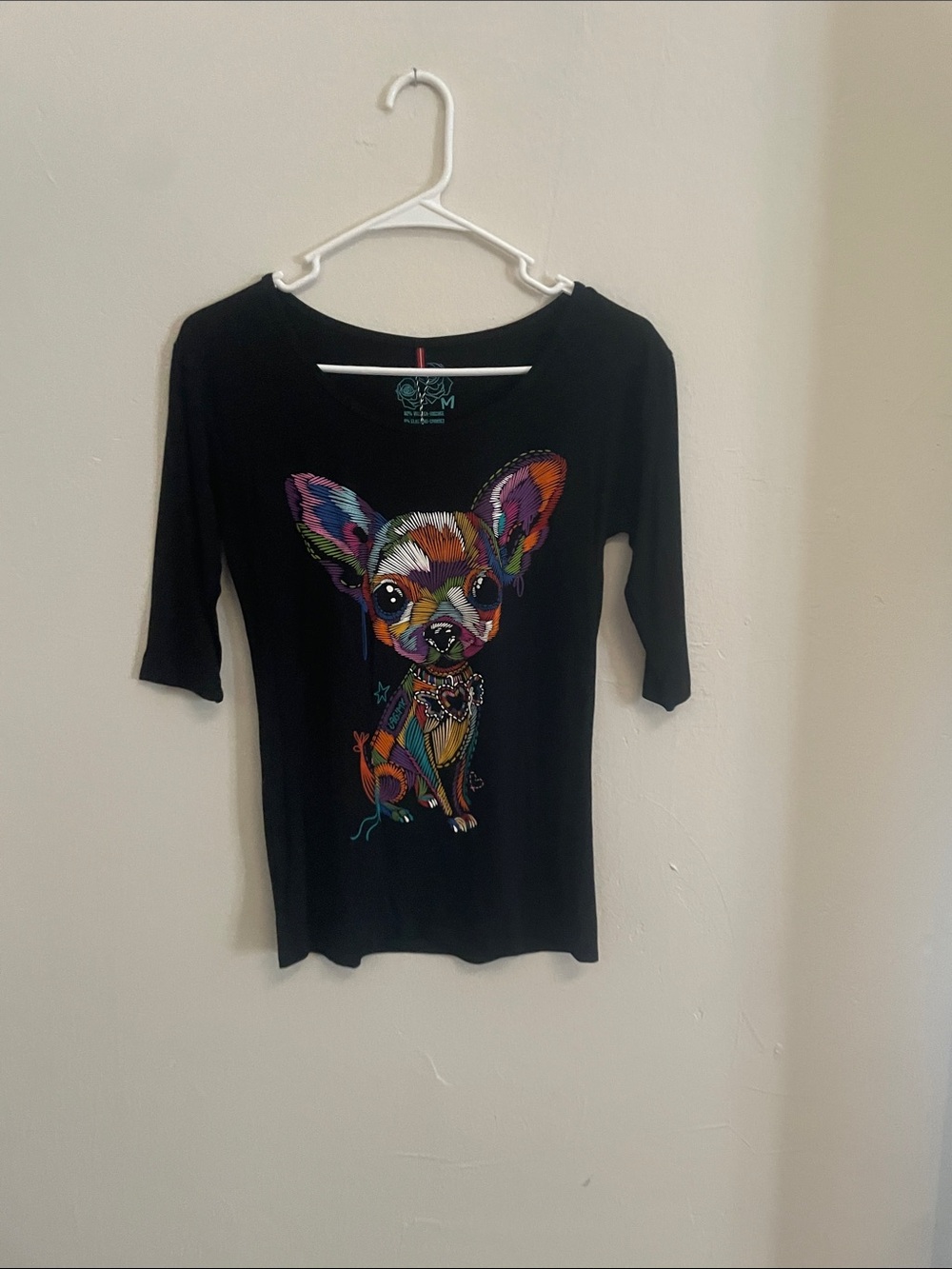 Black Long-Sleeve Women's Tee with Colorful Chihuahua Artwork